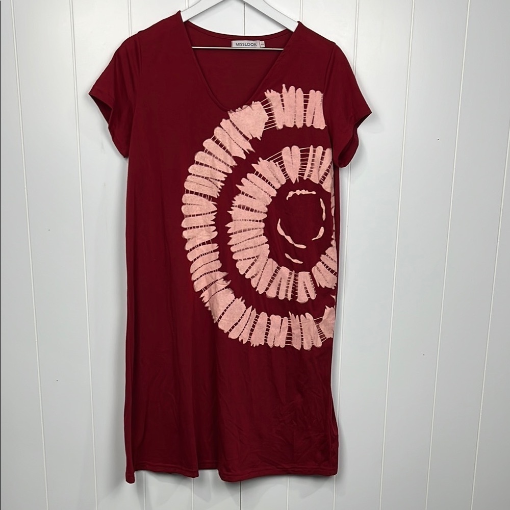 Miss Look Womens Tee Dress S Burgundy Pink Tie Dye Vneck Short Sleeves Graphics